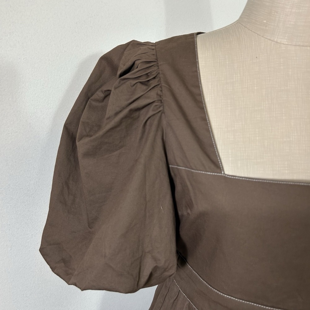 En Saison Meline Poplin Babydoll Dress Brown Puff Sleeves‎ Pockets Small NWT - Picture 14 of 15